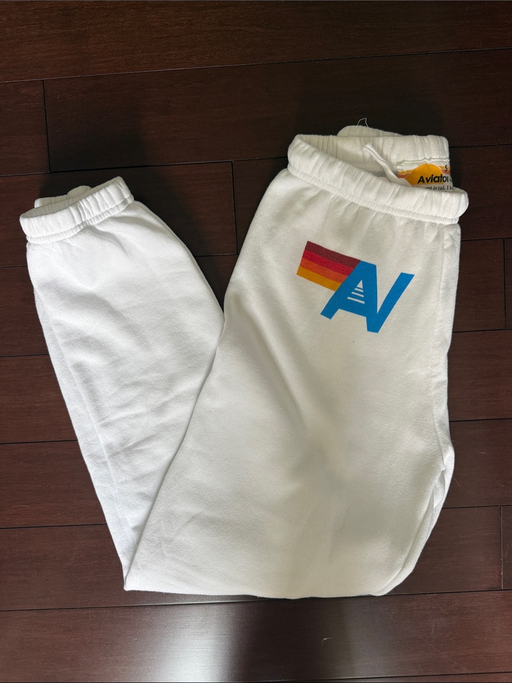 Aviator Nation White Sweatpants with Blue AV and Rainbow Stripe - women’s small